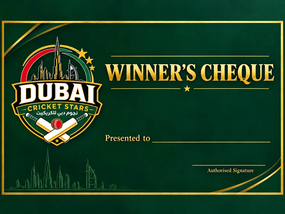 Dubai Cricket Stars ceremonial winner's cheque